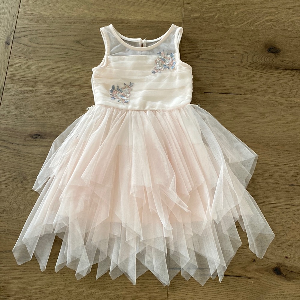 Pinkish layered dress with flower embroidery! May be size 4-6